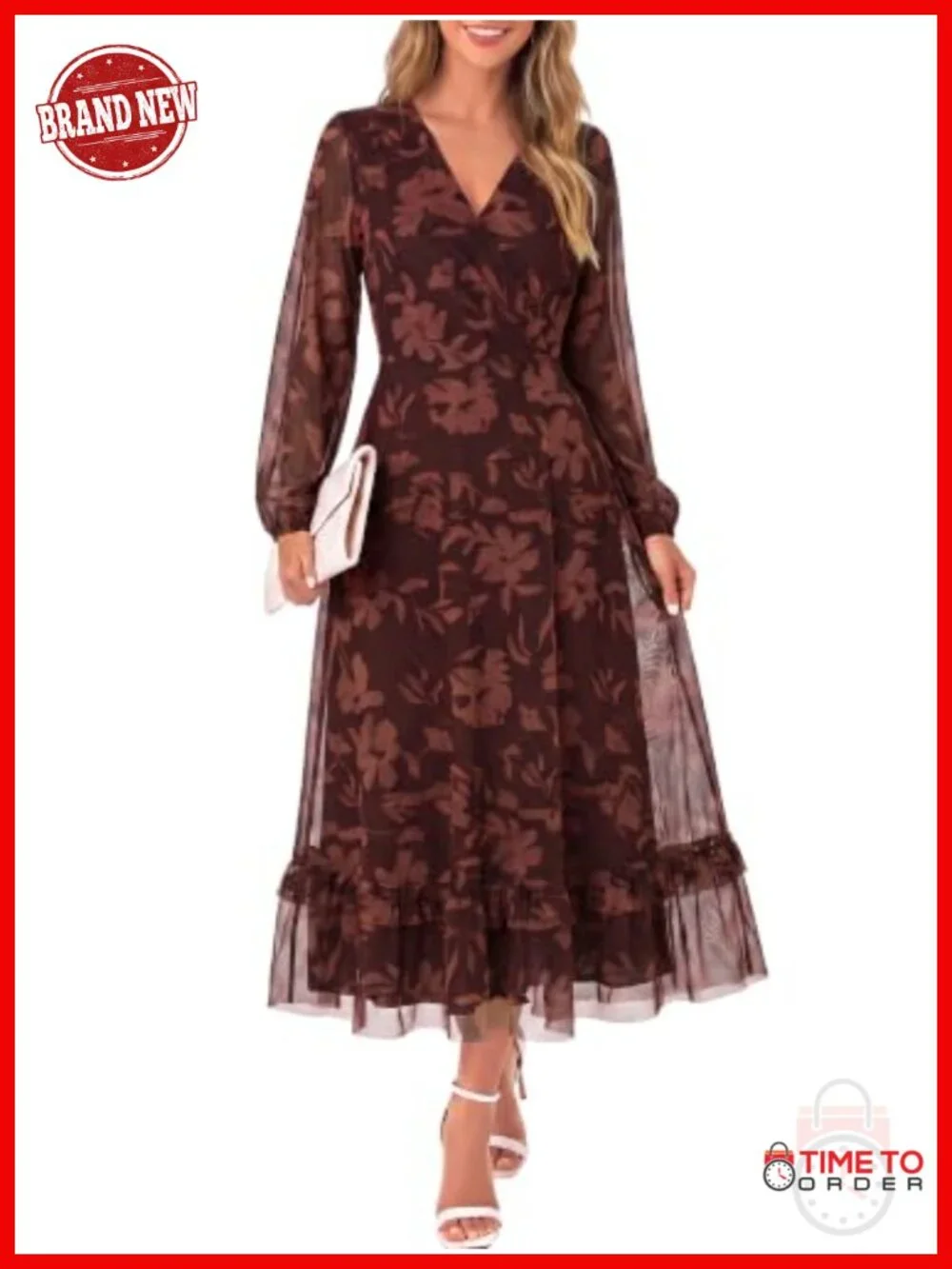 MSBASIC Women's Floral Tulle A-Line Puff Long Sleeve Midi Dress